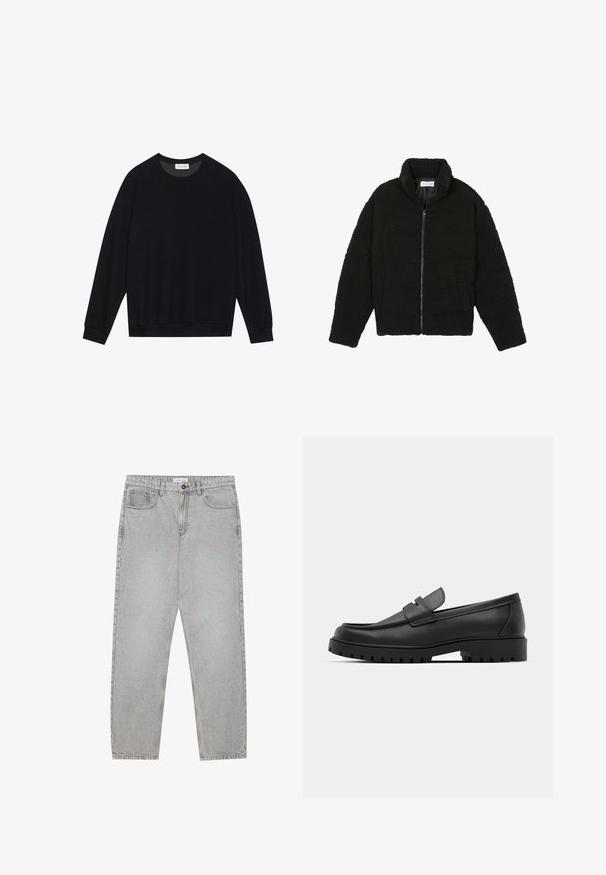 Must, kohev lukuga jope, valmistatud tekstureeritud fliiskangast. Omadusteks kõrge krae ja küljetaskud. Ristkülikukujuline keha pikkade varrukatega.; Must mustriga lühikeste varrukatega särk, tekstuurse kangaga, pikkade varrukatega ning ribatud mansettide ja alumise äärega. Lihtne disain ilma lisamusterite või aktsentideta.; Heledad hallide denimpüksid otse säärekujundusega, viie-taskulise stiliseerimise ja nupukinnitusega. Nähtav õmblus kõrvuti.; Mustad musta nahast loafers, millel on ümar varvas, tikandiga disain, madal platvorm-soon ja tekstureeritud, soonikkummist välistald.