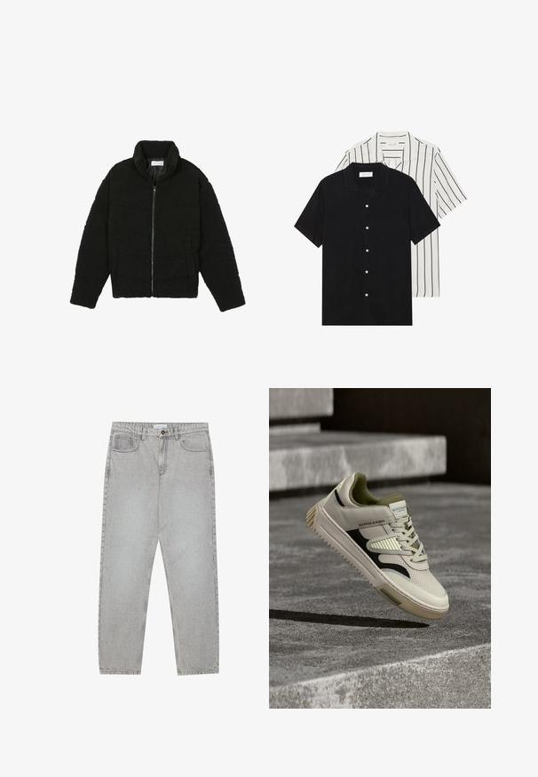 Black, fluffy, zip-up jacket made from textured fleece fabric. Features a high collar and side pockets. Rectangular body shape with long sleeves.; Two short-sleeve shirts: one solid black, one white with black vertical stripes. Both feature button closures and a classic collar.; Light grey denim pants with a straight-leg design, five-pocket styling, and a button closure. Visible stitching along the seams.; Cream leather sneaker with dark green accents, textured panels, black side stripe, and a robust rubber sole, elevated above a concrete surface.