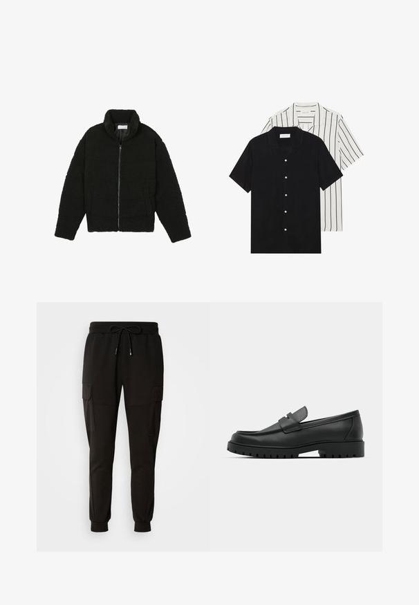 Crna, mekana jakna na patent izrađena od tkanine teksturiranog flisa. Ima visok ovratnik i bočne džepove. Pravokutnog je kroja s dugim rukavima.; Dva kratka rukava košulje: jedna potpuno crna, a druga bijela s crnim okomitim prugama. Obje imaju dugmad i klasični ovratnik.; Crne trenirke s elastičnom trakom u struku i vezicom. Ima bočne cargo džepove i elastične manžete na gležnjevima.; Crne kožne mokasine s zaobljenim vrhom, s ušivenim dizajnom, niskom platformom i teksturiranim, gumenim potplatom s izbočinama.