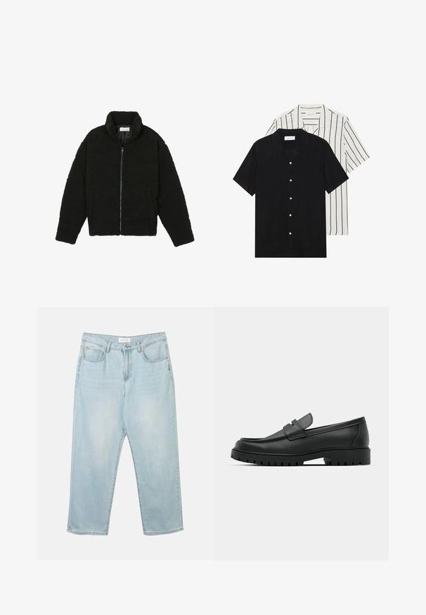 Casaco preto, fofo, com fecho e confeccionado em tecido de lã texturizada. Apresenta gola alta e bolsos laterais. Forma retangular no corpo com mangas compridas.; Duas camisas de manga curta: uma preta sólida e uma branca com riscas verticais pretas. Ambas possuem fecho de botões e um colarinho clássico.; Jeans de denim azul claro com um corte descontraído, cinco bolsos, fecho em botão e um desvanecimento subtil. A textura é suave e ligeiramente gasta.; Sapatilhas de couro preto com bico arredondado, apresentando um design cosido, sola de plataforma baixa e um solado de borracha texturizado e com cravos.