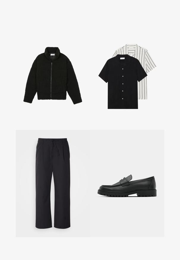 Black, fluffy, zip-up jacket made from textured fleece fabric. Features a high collar and side pockets. Rectangular body shape with long sleeves.; Two short-sleeve shirts: one solid black, one white with black vertical stripes. Both feature button closures and a classic collar.; Wide-leg pants in textured black fabric with a drawstring waistband, featuring two front pockets and a straight cut design.; Black leather loafers with a rounded toe, featuring a stitched design, low platform sole, and a textured, lugged rubber outsole.