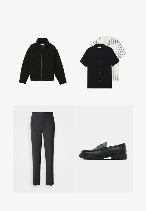 Crna, mekana jakna na patent izrađena od tkanine teksturiranog flisa. Ima visok ovratnik i bočne džepove. Pravokutnog je kroja s dugim rukavima.; Dva kratka rukava košulje: jedna potpuno crna, a druga bijela s crnim okomitim prugama. Obje imaju dugmad i klasični ovratnik.; Prilagođene tamno sive hlače od glatkog materijala, s kopčanjem na gumb, dva prednja džepa i ravnim krojem.; Crne kožne mokasine s zaobljenim vrhom, s ušivenim dizajnom, niskom platformom i teksturiranim, gumenim potplatom s izbočinama.