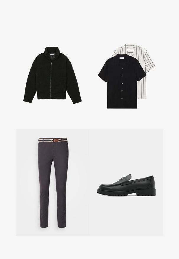Veste noire duveteuse avec fermeture éclair, fabriquée en tissu polaire texturé. Comprend un col montant et des poches latérales. Forme rectangulaire du corps avec manches longues.; Deux chemises à manches courtes : l'une noire unie, l'autre blanche avec des rayures verticales noires. Les deux ont des boutons et un col classique.; Chinos gris foncé avec une coupe slim, dotés d'une ceinture en tissu rayé avec une boucle en métal rond et des accents en cuir marron.; Mocassins en cuir noir à bout arrondi, avec un design cousu, une semelle plateforme basse et une semelle en caoutchouc texturée et crantée.