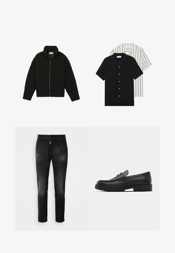 Black, fluffy, zip-up jacket made from textured fleece fabric. Features a high collar and side pockets. Rectangular body shape with long sleeves.; Two short-sleeve shirts: one solid black, one white with black vertical stripes. Both feature button closures and a classic collar.; Black denim jeans with a straight cut, featuring a button fly, five pockets, and subtle fading in the fabric texture.; Black leather loafers with a rounded toe, featuring a stitched design, low platform sole, and a textured, lugged rubber outsole.