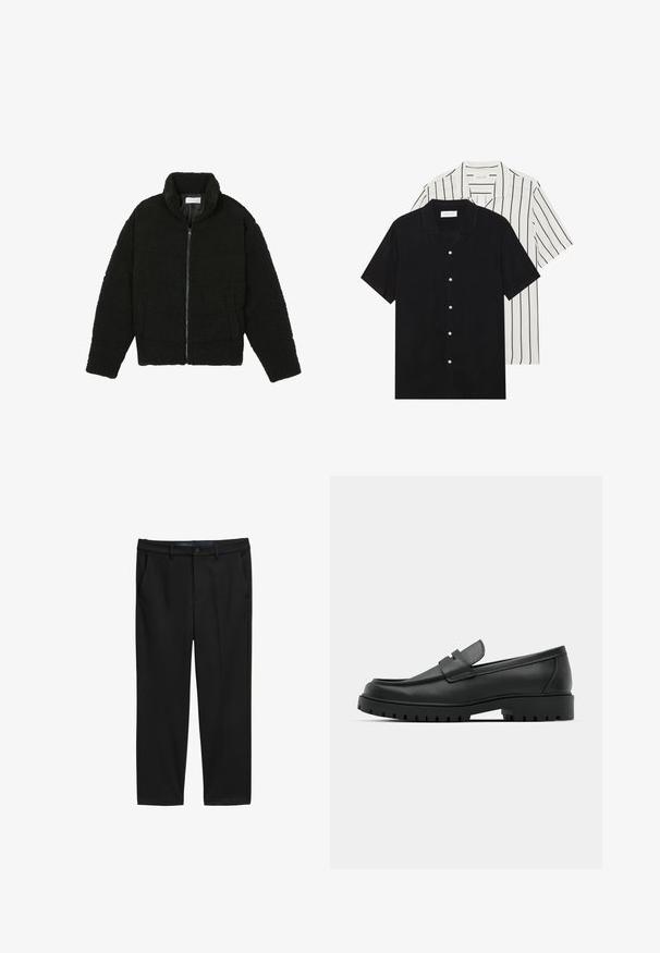 Melnā, pūkaina pārvelkama jaka no teksturēta flīsa auduma. Aprīkota ar augstu apkakli un sānu kabatām. Taisnstūra formas ķermenis ar garām piedurknēm.; Divi īsām piedurknēm krekli: viens pilnīgi melns, otrs balts ar melnām vertikālām svītrām. Abi ir aprīkoti ar pogu aizdari un klasisko apkakli.; Melnas bikses ar taisnu piegriezumu, izgatavotas no teksturēta auduma. Tām ir divas priekšējās kabatas un pogu aizdare jostasvietā.; Melnas ādas loafers ar noapaļotu purngalu, ar izšūtu dizainu, zemu platformas zoli un teksturētu, rievotu gumijas ārējo zoli.