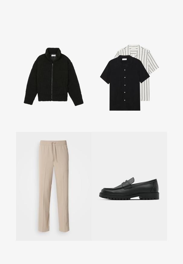 Melnā, pūkaina pārvelkama jaka no teksturēta flīsa auduma. Aprīkota ar augstu apkakli un sānu kabatām. Taisnstūra formas ķermenis ar garām piedurknēm.; Divi īsām piedurknēm krekli: viens pilnīgi melns, otrs balts ar melnām vertikālām svītrām. Abi ir aprīkoti ar pogu aizdari un klasisko apkakli.; Bēg krāsas, brīva piegriezuma bikses, izgatavotas no mīksta auduma, ar elastīgu jostasvietu un auklu, taisnām kājām un minimāliem akcentiem.; Melnas ādas loafers ar noapaļotu purngalu, ar izšūtu dizainu, zemu platformas zoli un teksturētu, rievotu gumijas ārējo zoli.