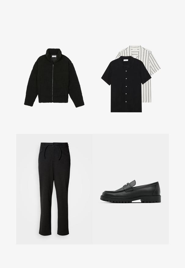 Černá, nadýchaná bunda na zip vyrobená z texturované fleecové látky. Má vysoký límec a boční kapsy. Obdélníkový tvar těla s dlouhými rukávy.; Dvě košile s krátkým rukávem: jedna jednobarevná černá, druhá bílá s černými vertikálními pruhy. Obě mají zapínání na knoflíky a klasický límeček.; Černé pletené kalhoty s šňůrkou v pase, rovný střih nohavic a bočními kapsami. Měkká textura s hladkým povrchem.; Černé kožené mokasíny s kulatou špičkou, zdobené prošitím, s nízkou platformou a texturovanou gumovou podrážkou s drážkováním.