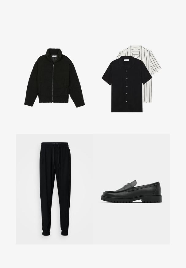 Pier One Fleecejakke - black; To korteærmede skjorter: en ensfarvet sort og en hvid med sorte lodrette striber. Begge har knaplukninger og en klassisk krave.; Sorte joggingbukser lavet af et blødt stof med en elastisk talje, snøre og elastiske manchetter ved anklerne for en tætsiddende pasform.; Sorte læder loafers med rund tå, der har et syet design, lav platformssål og en struktureret, skridsikker gummisål.
