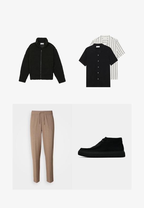 Casaco preto, fofo, com fecho e confeccionado em tecido de lã texturizada. Apresenta gola alta e bolsos laterais. Forma retangular no corpo com mangas compridas.; Duas camisas de manga curta: uma preta sólida e uma branca com riscas verticais pretas. Ambas possuem fecho de botões e um colarinho clássico.; Calças de tecido castanho, trançadas, com um corte descontraído, cintura com cordão e pregas frontais. Pernas retas e sem bolsos ou hardware visíveis.; Botas de tornozelo pretas feitas de material macio, com bico arredondado, minimalismo dos atacadores e uma sola de borracha texturizada com ranhuras verticais.