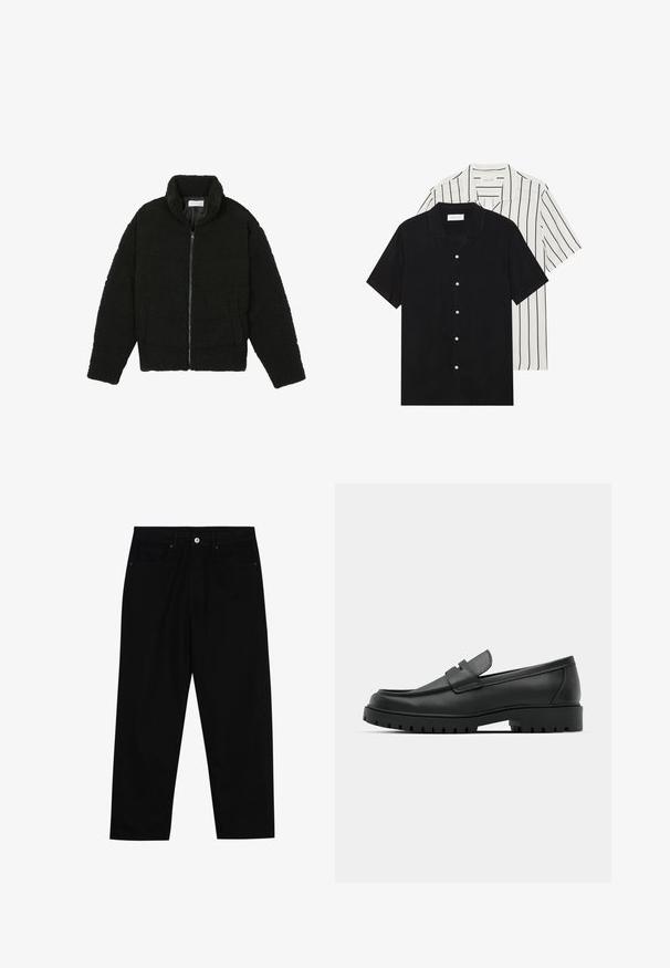 Veste noire duveteuse avec fermeture éclair, fabriquée en tissu polaire texturé. Comprend un col montant et des poches latérales. Forme rectangulaire du corps avec manches longues.; Deux chemises à manches courtes : l'une noire unie, l'autre blanche avec des rayures verticales noires. Les deux ont des boutons et un col classique.; Pantalon en denim noir avec une coupe droite, doté de deux poches avant, d'une fermeture à boutons et de détails de couture subtils.; Mocassins en cuir noir à bout arrondi, avec un design cousu, une semelle plateforme basse et une semelle en caoutchouc texturée et crantée.