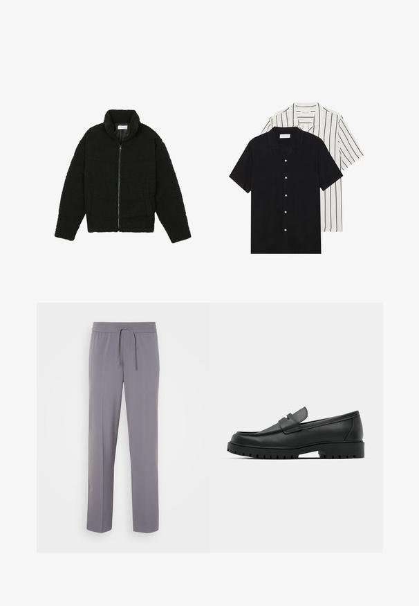 Must, kohev lukuga jope, valmistatud tekstureeritud fliiskangast. Omadusteks kõrge krae ja küljetaskud. Ristkülikukujuline keha pikkade varrukatega.; Kaks lühikeste varrukatega särki: üks ühtlane must, teine valge mustade vertikaalsete triipudega. Mõlemal on nööbiga kinnitamine ja klassikaline krae.; Hallid, venitatud püksid, millel on lame esikülg, elastne vöökohus ja nöör, otse jalad ja sile tekstuur.; Mustad musta nahast loafers, millel on ümar varvas, tikandiga disain, madal platvorm-soon ja tekstureeritud, soonikkummist välistald.