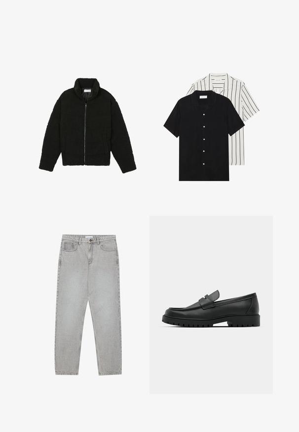 Casaco preto, fofo, com fecho e confeccionado em tecido de lã texturizada. Apresenta gola alta e bolsos laterais. Forma retangular no corpo com mangas compridas.; Duas camisas de manga curta: uma preta sólida e uma branca com riscas verticais pretas. Ambas possuem fecho de botões e um colarinho clássico.; Calças de ganga cinza claro com um design de perna reta, estilo de cinco bolsos e fecho com botão. Costura visível ao longo das costuras.; Sapatilhas de couro preto com bico arredondado, apresentando um design cosido, sola de plataforma baixa e um solado de borracha texturizado e com cravos.