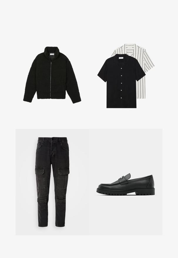 Black, fluffy, zip-up jacket made from textured fleece fabric. Features a high collar and side pockets. Rectangular body shape with long sleeves.; Two short-sleeve shirts: one solid black, one white with black vertical stripes. Both feature button closures and a classic collar.; Black cargo pants with multiple side pockets, tapered legs, and a durable denim texture. Fastened with a button and zipper.; Black leather loafers with a rounded toe, featuring a stitched design, low platform sole, and a textured, lugged rubber outsole.