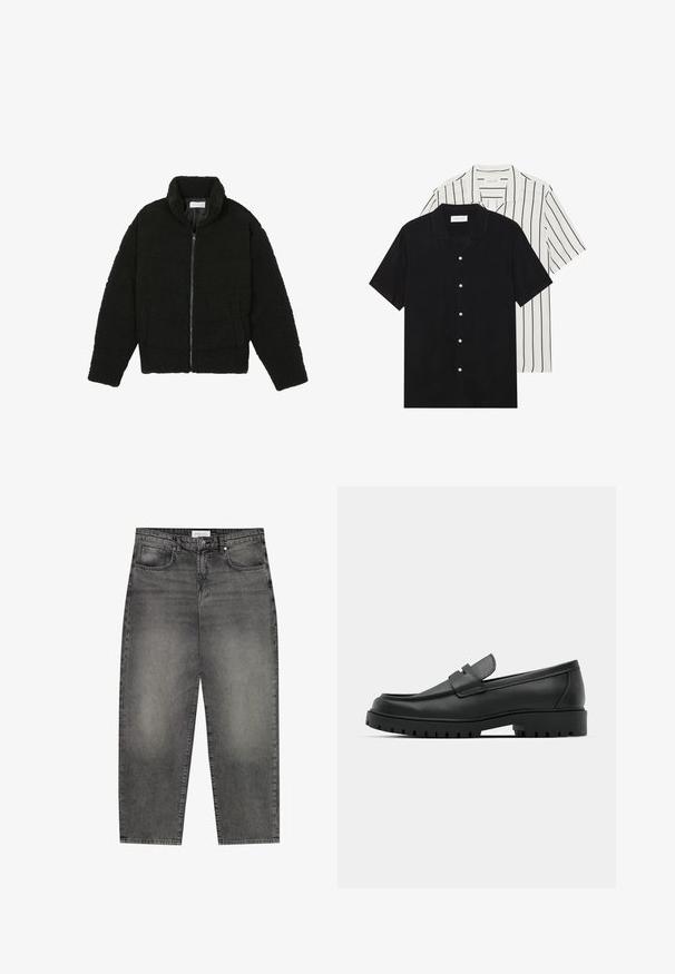 Black, fluffy, zip-up jacket made from textured fleece fabric. Features a high collar and side pockets. Rectangular body shape with long sleeves.; Two short-sleeve shirts: one solid black, one white with black vertical stripes. Both feature button closures and a classic collar.; Grey denim jeans with a loose fit, featuring five pockets, a zip fly, and subtle fading. Classic straight leg design and top-stitched seams.; Black leather loafers with a rounded toe, featuring a stitched design, low platform sole, and a textured, lugged rubber outsole.