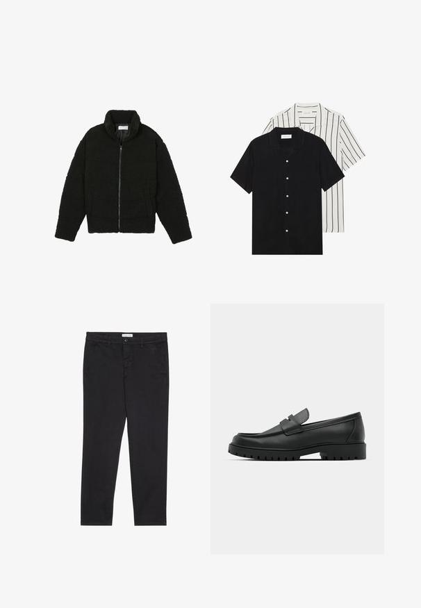 Black, fluffy, zip-up jacket made from textured fleece fabric. Features a high collar and side pockets. Rectangular body shape with long sleeves.; Two short-sleeve shirts: one solid black, one white with black vertical stripes. Both feature button closures and a classic collar.; Black cotton trousers with a slim fit, featuring two side pockets and a front button closure. Textured fabric with subtle detailing.; Black leather loafers with a rounded toe, featuring a stitched design, low platform sole, and a textured, lugged rubber outsole.
