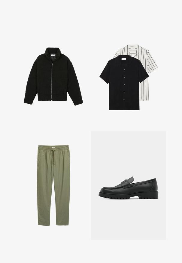 Veste noire duveteuse avec fermeture éclair, fabriquée en tissu polaire texturé. Comprend un col montant et des poches latérales. Forme rectangulaire du corps avec manches longues.; Deux chemises à manches courtes : l'une noire unie, l'autre blanche avec des rayures verticales noires. Les deux ont des boutons et un col classique.; Pantalons tapered léger vert olive avec une taille élastique et un cordon de serrage. Comprend des poches latérales et une texture lisse.; Mocassins en cuir noir à bout arrondi, avec un design cousu, une semelle plateforme basse et une semelle en caoutchouc texturée et crantée.
