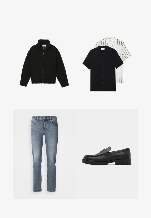 Veste noire duveteuse avec fermeture éclair, fabriquée en tissu polaire texturé. Comprend un col montant et des poches latérales. Forme rectangulaire du corps avec manches longues.; Deux chemises à manches courtes : l'une noire unie, l'autre blanche avec des rayures verticales noires. Les deux ont des boutons et un col classique.; Jean en denim bleu clair avec une coupe droite, design à cinq poches et un dégradé subtil. Comprend une fermeture à bouton et des passants de ceinture.; Mocassins en cuir noir à bout arrondi, avec un design cousu, une semelle plateforme basse et une semelle en caoutchouc texturée et crantée.