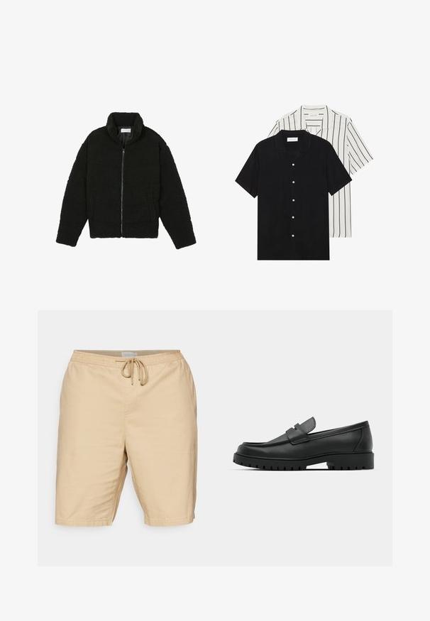 Schwarze, flauschige Jacke mit Reißverschluss aus strukturiertem Fleece-Stoff. Verfügt über einen hohen Kragen und Seitentaschen. Rechteckige Körperform mit langen Ärmeln.; Zwei kurzärmelige Hemden: eines ganz schwarz, das andere weiß mit schwarzen vertikalen Streifen. Beide verfügen über Knopfverschlüsse und einen klassischen Kragen.; Helle beige Shorts aus einem glatten Stoff, mit einem elastischen Bund und Kordelzug sowie Seitentaschen.; Schwarze Lederloafer mit runder Zehenform, ausgestattet mit einem gesteppten Design, niedrigem Plattformsohle und einer strukturierten, genoppten Gummisohle.