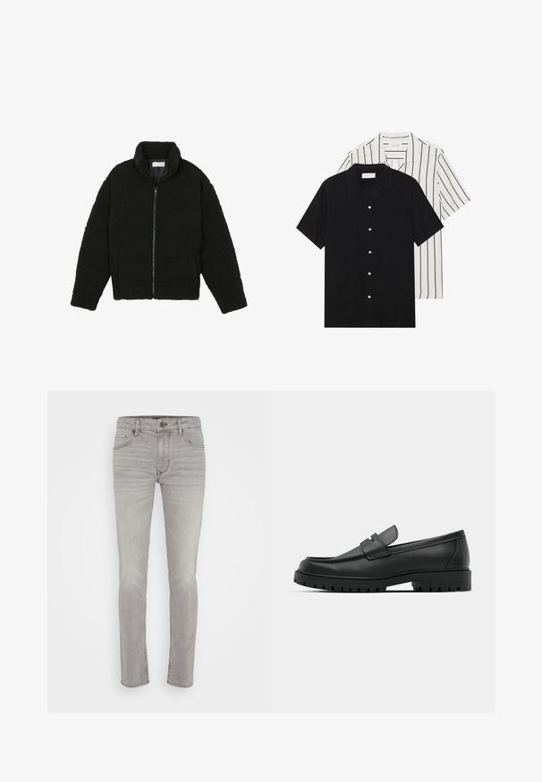 Čierna, nadýchaná bunda na zips vyrobená z textúrovaného fleecového materiálu. Má vysoký golier a bočné vrecká. Obdĺžnikový tvar tela s dlhými rukávmi.; Dvoje tričiek s krátkym rukávom: jedno s čistou čiernou farbou, druhé biele s čiernymi vertikálnymi pruhmi. Obidve majú gombíkové zapínanie a klasický golier.; Svetlošedé denimové džínsy so striženým strihom, klasickým päťvreckovým dizajnom, jemným vyblednutím a prešitím pozdĺž švov.; Čierne kožené mokasíny s okrúhlou špičkou, s prešitým dizajnom, nízkou platformou a textúrovanou, zúbkovanou gumovou podrážkou.