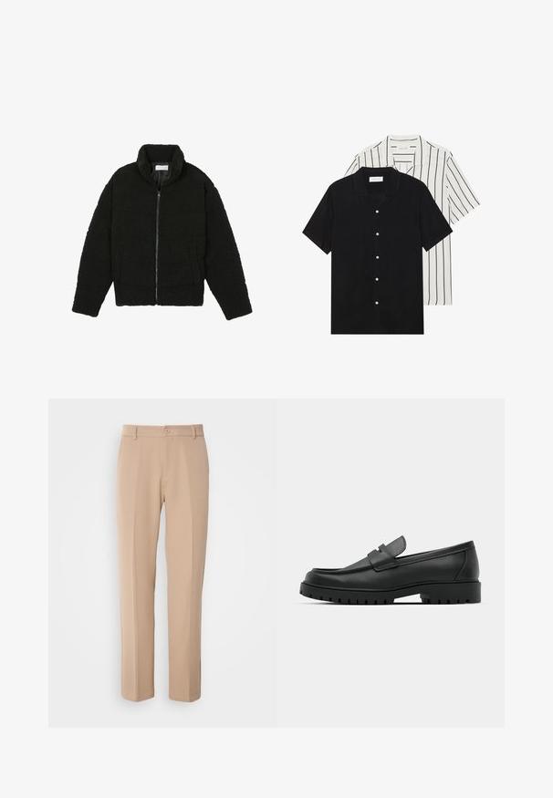 Schwarze, flauschige Jacke mit Reißverschluss aus strukturiertem Fleece-Stoff. Verfügt über einen hohen Kragen und Seitentaschen. Rechteckige Körperform mit langen Ärmeln.; Zwei kurzärmelige Hemden: eines ganz schwarz, das andere weiß mit schwarzen vertikalen Streifen. Beide verfügen über Knopfverschlüsse und einen klassischen Kragen.; Beige Hosen aus glattem Stoff, mit gerade geschnittenem Bein, einem vorderen Knopfverschluss und subtilen Falten entlang der Vorderseite.; Schwarze Lederloafer mit runder Zehenform, ausgestattet mit einem gesteppten Design, niedrigem Plattformsohle und einer strukturierten, genoppten Gummisohle.