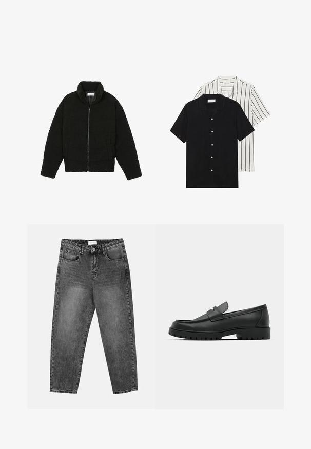 Casaco preto, fofo, com fecho e confeccionado em tecido de lã texturizada. Apresenta gola alta e bolsos laterais. Forma retangular no corpo com mangas compridas.; Duas camisas de manga curta: uma preta sólida e uma branca com riscas verticais pretas. Ambas possuem fecho de botões e um colarinho clássico.; Jean straight-leg preto deslavado com bolsos frontais e traseiros, passantes para cinto e fecho de botão na cintura.; Sapatilhas de couro preto com bico arredondado, apresentando um design cosido, sola de plataforma baixa e um solado de borracha texturizado e com cravos.