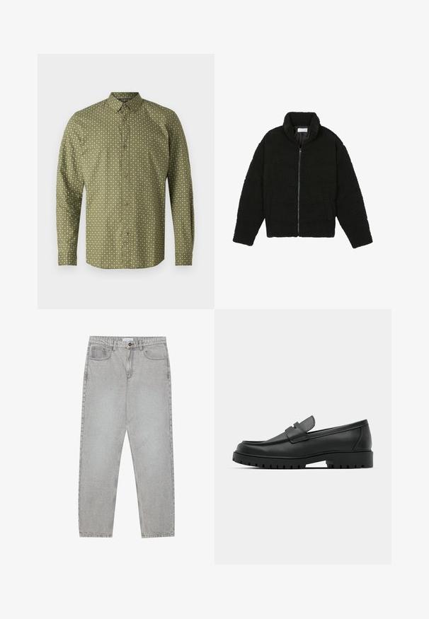 Zwarte, pluizige jas met ritssluiting gemaakt van gestructureerde fleece stof. Heeft een hoge kraag en zijzakken. Rechthoekige lichaamsvorm met lange mouwen.; Groen longsleeve shirt met een kraagnek, versierd met een wit plustekenpatroon en bruine knopen aan de voorkant. Gladde textuur.; Lichtgrijze denimbroek met een recht model, vijfzakkenstijl en een knoopsluiting. Zichtbare stiksels langs de naden.; Zwarte leren instappers met een ronde neus, voorzien van een gestikt ontwerp, een lage platformzool en een gestructureerde, grof rubberen buitenzool.