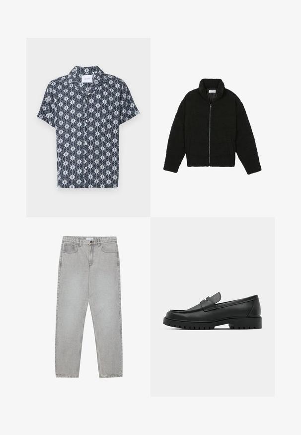 Črna, puhasta jakna z zadrgo, narejena iz teksturirane flis tkanine. Ima visok ovratnik in stranske žepe. Pravokotna oblika telesa z dolgimi rokavi.; Kratkoročna srajca iz mornarsko modrega blaga, ki vsebuje bel in svetlo moder okrasni vzorec, z gumbom in ovratnikom.; Svetlo sivi traper hlače s ravnim krojem, pet žepov in gumbom za zapiranje. Vidno šivanje ob šivih.; Črne usnjene loafers čevlje z zaobljenim nosom, ki imajo šivano zasnovo, nizko platformo in teksturiran, profiliran gumijast podplat.