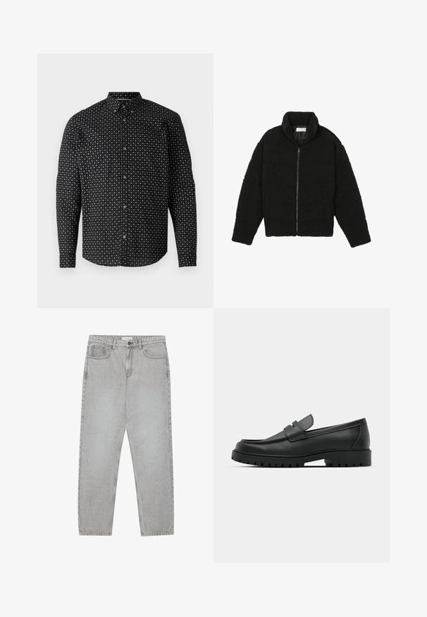 Black, fluffy, zip-up jacket made from textured fleece fabric. Features a high collar and side pockets. Rectangular body shape with long sleeves.; Black button-up shirt featuring a patterned design of white crosses. It has long sleeves, a collar, and gold-tone buttons.; Light grey denim pants with a straight-leg design, five-pocket styling, and a button closure. Visible stitching along the seams.; Black leather loafers with a rounded toe, featuring a stitched design, low platform sole, and a textured, lugged rubber outsole.