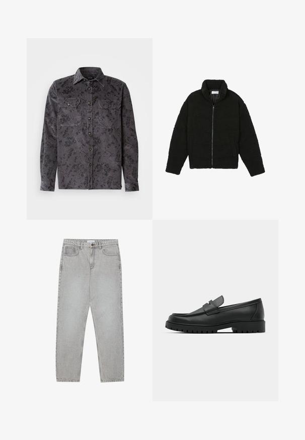 Black, fluffy, zip-up jacket made from textured fleece fabric. Features a high collar and side pockets. Rectangular body shape with long sleeves.; Gray corduroy shirt with black floral pattern, two chest pockets, pointed collar, and metallic buttons. Textured fabric with vertical ridges.; Light grey denim pants with a straight-leg design, five-pocket styling, and a button closure. Visible stitching along the seams.; Black leather loafers with a rounded toe, featuring a stitched design, low platform sole, and a textured, lugged rubber outsole.