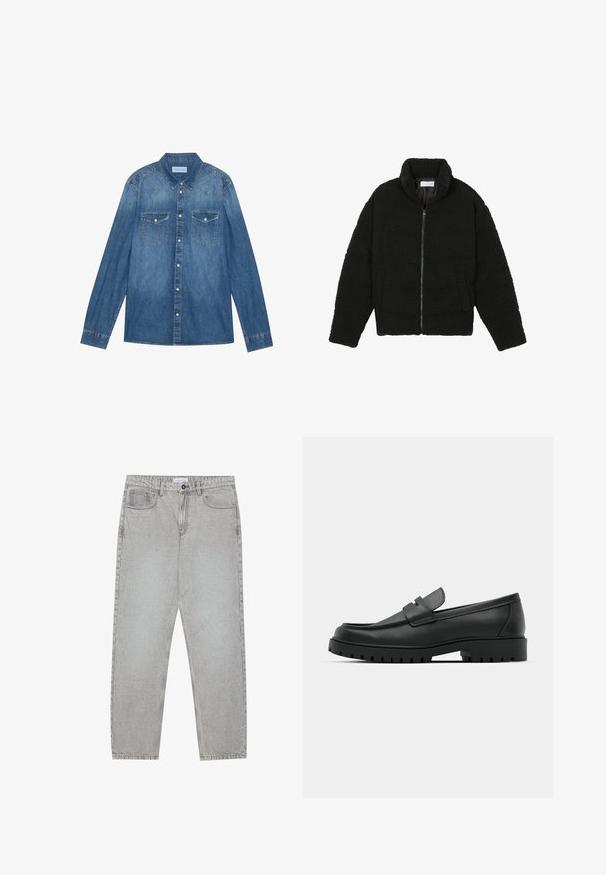 Črna, puhasta jakna z zadrgo, narejena iz teksturirane flis tkanine. Ima visok ovratnik in stranske žepe. Pravokotna oblika telesa z dolgimi rokavi.; Temno moder jeans srajca z dolgimi rokavi, klasičnim ovratnikom, gumbnim zapiranjem, dvema žepoma na prsih in kontrastnim šivom na šivih.; Svetlo sivi traper hlače s ravnim krojem, pet žepov in gumbom za zapiranje. Vidno šivanje ob šivih.; Črne usnjene loafers čevlje z zaobljenim nosom, ki imajo šivano zasnovo, nizko platformo in teksturiran, profiliran gumijast podplat.