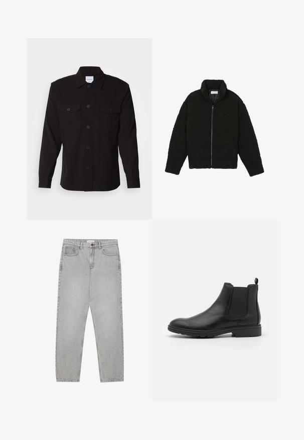 Črna, puhasta jakna z zadrgo, narejena iz teksturirane flis tkanine. Ima visok ovratnik in stranske žepe. Pravokotna oblika telesa z dolgimi rokavi.; Črna dolgosleeve majica s sprednjim zapiranjem na gumb, dvema prsnikoma in strukturiranim ovratnikom. Narejena iz trdne tkanine z gladko teksturo.; Svetlo sivi traper hlače s ravnim krojem, pet žepov in gumbom za zapiranje. Vidno šivanje ob šivih.; Črne usnjene čevlje Chelsea z elastičnimi stranskimi paneli in zanko, z zaobljenim nosom in teksturiranim gumijastim podplatom.