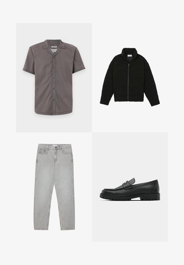 Jachetă neagră, pufoasă, cu fermoar, fabricată din material fleece texturat. Are un guler înalt și buzunare laterale. Formă dreptunghiulară a corpului cu mâneci lungi.; Cămașă cu mânecă scurtă, cu butoane, de culoare gri închis, realizată dintr-un material moale. Dispune de un guler tip camp și cinci butoane frontale. Textură netedă și croială lejeră.; Pantaloni din denim gri deschis cu un design cu picioare drepte, stil cu cinci buzunare și închidere cu nasture. Cusături vizibile de-a lungul cusăturilor.; Mocasini din piele neagră cu vârful rotunjit, având un design cusut, talpă joasă și o talpă din cauciuc texturat, cu crampoane.