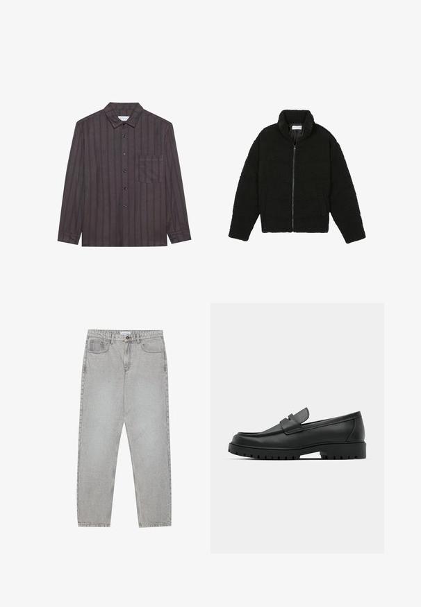 Veste noire duveteuse avec fermeture éclair, fabriquée en tissu polaire texturé. Comprend un col montant et des poches latérales. Forme rectangulaire du corps avec manches longues.; Chemise marron à manches longues avec des rayures verticales bleu marine, col boutonné, poche avant et boutons noirs, fabriquée en tissu léger.; Pantalon en denim gris clair avec une coupe droite, cinq poches et une fermeture à bouton. Coutures visibles le long des coutures.; Mocassins en cuir noir à bout arrondi, avec un design cousu, une semelle plateforme basse et une semelle en caoutchouc texturée et crantée.