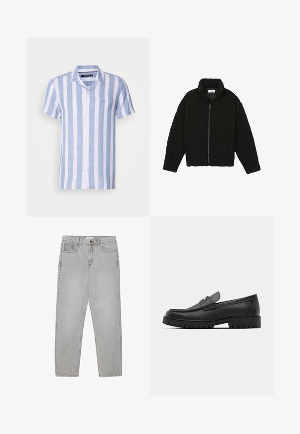 Black, fluffy, zip-up jacket made from textured fleece fabric. Features a high collar and side pockets. Rectangular body shape with long sleeves.; Short-sleeve button-up shirt with blue and white vertical stripes, made of lightweight fabric, featuring a collar and a chest logo.; Light grey denim pants with a straight-leg design, five-pocket styling, and a button closure. Visible stitching along the seams.; Black leather loafers with a rounded toe, featuring a stitched design, low platform sole, and a textured, lugged rubber outsole.