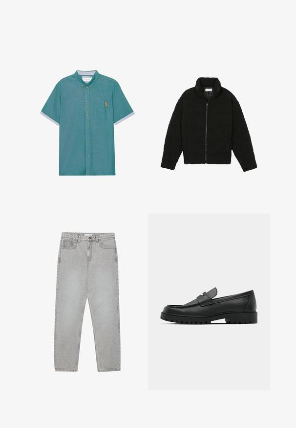 Black, fluffy, zip-up jacket made from textured fleece fabric. Features a high collar and side pockets. Rectangular body shape with long sleeves.; Short-sleeve, button-up shirt in teal fabric with a chest pocket and contrasting light gray cuffs, featuring a subtle texture and brown label.; Light grey denim pants with a straight-leg design, five-pocket styling, and a button closure. Visible stitching along the seams.; Black leather loafers with a rounded toe, featuring a stitched design, low platform sole, and a textured, lugged rubber outsole.