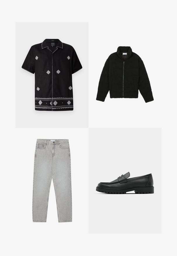 Casaco preto, fofo, com fecho e confeccionado em tecido de lã texturizada. Apresenta gola alta e bolsos laterais. Forma retangular no corpo com mangas compridas.; Camisa preta de mangas curtas feita de tecido com padrões e detalhes brancos bordados. Apresenta um fecho frontal com botões e costura decorativa.; Calças de ganga cinza claro com um design de perna reta, estilo de cinco bolsos e fecho com botão. Costura visível ao longo das costuras.; Sapatilhas de couro preto com bico arredondado, apresentando um design cosido, sola de plataforma baixa e um solado de borracha texturizado e com cravos.