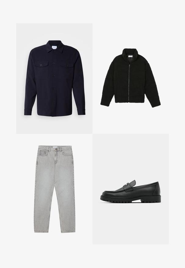 Black, fluffy, zip-up jacket made from textured fleece fabric. Features a high collar and side pockets. Rectangular body shape with long sleeves.; Navy blue shirt jacket made of soft fabric, featuring two chest pockets, a button-down front, and long sleeves with buttoned cuffs.; Light grey denim pants with a straight-leg design, five-pocket styling, and a button closure. Visible stitching along the seams.; Black leather loafers with a rounded toe, featuring a stitched design, low platform sole, and a textured, lugged rubber outsole.