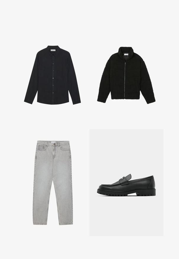 Black, fluffy, zip-up jacket made from textured fleece fabric. Features a high collar and side pockets. Rectangular body shape with long sleeves.; Black long-sleeve shirt made of soft fabric, featuring a button-down front, collar, and straight hem with subtle texture.; Light grey denim pants with a straight-leg design, five-pocket styling, and a button closure. Visible stitching along the seams.; Black leather loafers with a rounded toe, featuring a stitched design, low platform sole, and a textured, lugged rubber outsole.