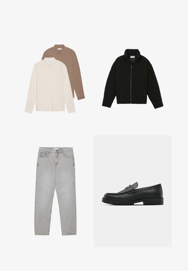 Chaqueta negra y esponjosa con cremallera, hecha de tela de forro polar texturizada. Cuenta con un cuello alto y bolsillos laterales. Forma rectangular del cuerpo con mangas largas.; Dos camisas de manga larga: una color crema y otra marrón, ambas con cuellos abotonados, con textura de tela visible, diseño liso y etiquetas a la vista.; Pantalones de mezclilla gris claro con un diseño de pierna recta, estilo de cinco bolsillos y cierre de botón. Costuras visibles a lo largo de las costuras.; Mocasines de cuero negro con punta redonda, que cuentan con un diseño cosido, suela de plataforma baja y una suela de goma texturada y con tacos.