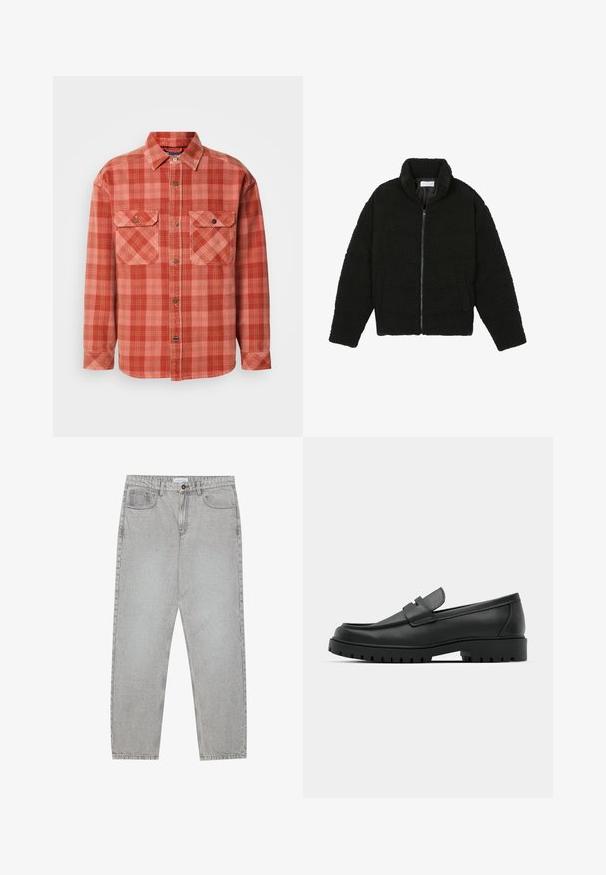 Veste noire duveteuse avec fermeture éclair, fabriquée en tissu polaire texturé. Comprend un col montant et des poches latérales. Forme rectangulaire du corps avec manches longues.; Chemise en flanelle à carreaux rouges et roses avec des manches longues, un col boutonné, deux poches poitrine et des détails de boutons contrastés.; Pantalon en denim gris clair avec une coupe droite, cinq poches et une fermeture à bouton. Coutures visibles le long des coutures.; Mocassins en cuir noir à bout arrondi, avec un design cousu, une semelle plateforme basse et une semelle en caoutchouc texturée et crantée.