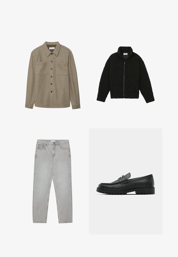 Pier One Fleecejacke - black; Braunes Wollhemd mit Knopfleiste, spitzem Kragen, zwei Brusttaschen und schwarzen Knöpfen. Glatte Textur mit lockerer Passform.; Helle graue Jeanshose mit gerade geschnittenem Design, Fünf-Taschen-Stil und Knopfverschluss. Sichtbare Nähte entlang der Seitennähte.; Schwarze Lederloafer mit runder Zehenform, ausgestattet mit einem gesteppten Design, niedrigem Plattformsohle und einer strukturierten, genoppten Gummisohle.