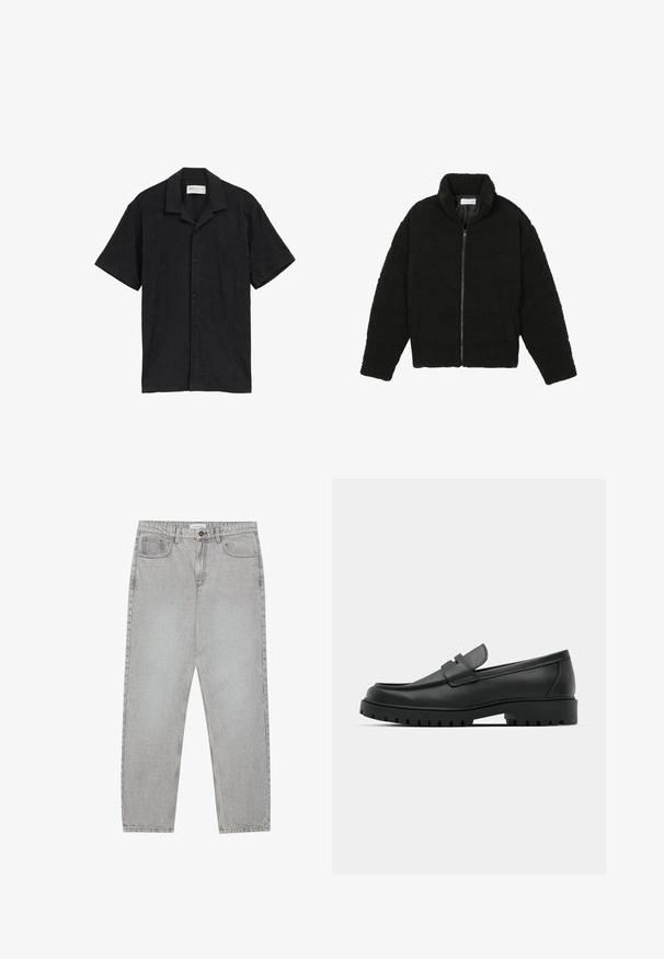 Czarna, puszysta kurtka zapinana na zamek, wykonana z teksturowanego polaru. Posiada wysoki kołnierz i boczne kieszenie. Prostokątny kształt sylwetki z długimi rękawami.; Czarna koszula krótki rękaw z zapinanym przodem, teksturowana tkanina o subtelnym wzorze oraz klasycznym kroju kołnierza.; Jasnoszare dżinsy o prostym kroju nogawki, z pięcioma kieszeniami i zapięciem na guzik. Widoczne szwy wzdłuż szwów.; Czarne skórzane mokasyny z zaokrąglonym noskiem, posiadające przeszywany wzór, niską platformę oraz teksturowaną, gumową podeszwę z bieżnikiem.