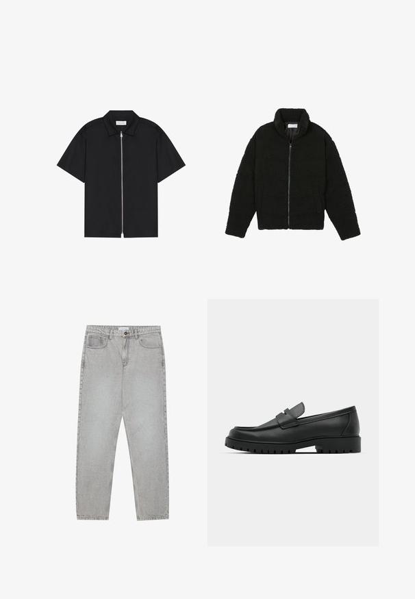 Musta, pörröinen vetoketjullinen takki, valmistettu teksturoidusta fleecemateriaalista. Siinä on korkea kaulus ja sivutaskut. Suorakaiteen muotoinen vartalo ja pitkät hihat.; Musta lyhythihainen paita, jossa on terävä kaulus ja edessä vetoketjukiinnitys. Sujuva kangas, jossa on hiukan kiiltoa, ei näkyviä kuvioita tai yksityiskohtia.; Vaaleanharmaat farkut, joissa on suora lahje, viisi taskua ja nappisulku. Saumojen varrella näkyvä ompelu.; Musta nahkaloafers, joissa on pyöreä kärki, ommeltu pinta, matala alusta ja kuvioitu, kuminen ulkopohja.