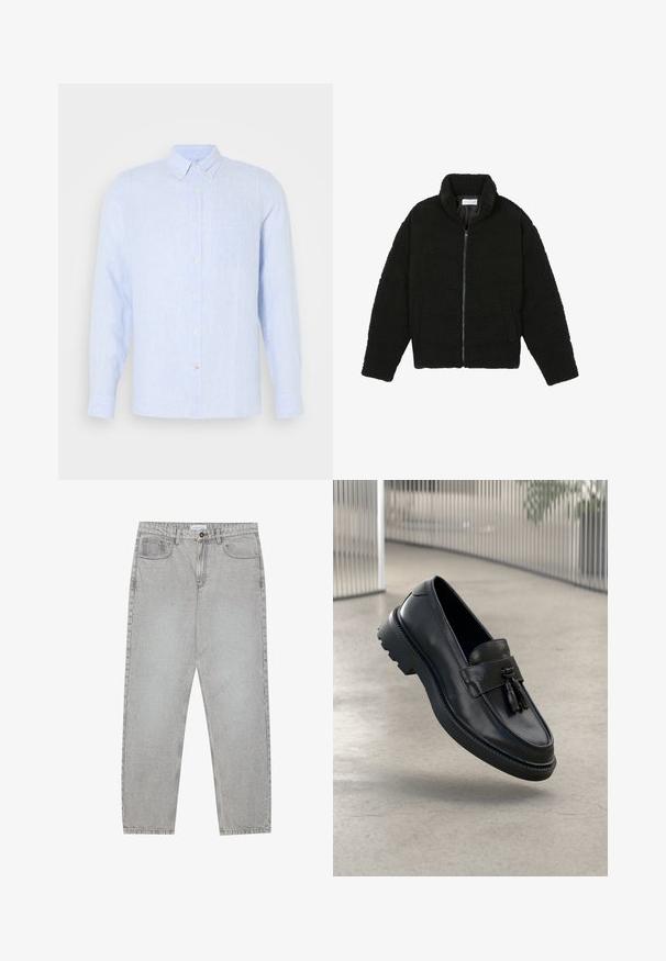 Zwarte, pluizige jas met ritssluiting gemaakt van gestructureerde fleece stof. Heeft een hoge kraag en zijzakken. Rechthoekige lichaamsvorm met lange mouwen.; Lichtblauw button-up shirt van textiel met structuur, voorzien van een kraag, lange mouwen, een borstzak en een subtiel streeppatroon.; Lichtgrijze denimbroek met een recht model, vijfzakkenstijl en een knoopsluiting. Zichtbare stiksels langs de naden.; Zwarte leren loafers met een gladde afwerking, decoratieve kwast, dikke rubberen zool en gestikte accenten. Lichtgewicht en strak ontwerp.