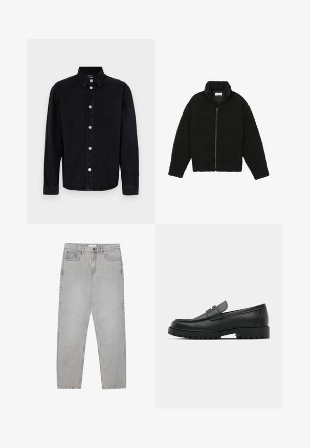Veste noire duveteuse avec fermeture éclair, fabriquée en tissu polaire texturé. Comprend un col montant et des poches latérales. Forme rectangulaire du corps avec manches longues.; Chemise en denim noir à manches longues, avec col boutonné et éléments en métal argenté. Présente une coupe droite et une texture lisse.; Pantalon en denim gris clair avec une coupe droite, cinq poches et une fermeture à bouton. Coutures visibles le long des coutures.; Mocassins en cuir noir à bout arrondi, avec un design cousu, une semelle plateforme basse et une semelle en caoutchouc texturée et crantée.