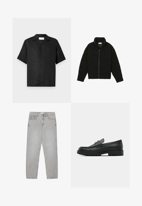 Črna, puhasta jakna z zadrgo, narejena iz teksturirane flis tkanine. Ima visok ovratnik in stranske žepe. Pravokotna oblika telesa z dolgimi rokavi.; Črna majica s kratkimi rokavi, izdelana iz lahkotnega materiala, z ovratnikom, šestimi gumbi spredaj in ravno prerezom na robu.; Svetlo sivi traper hlače s ravnim krojem, pet žepov in gumbom za zapiranje. Vidno šivanje ob šivih.; Črne usnjene loafers čevlje z zaobljenim nosom, ki imajo šivano zasnovo, nizko platformo in teksturiran, profiliran gumijast podplat.