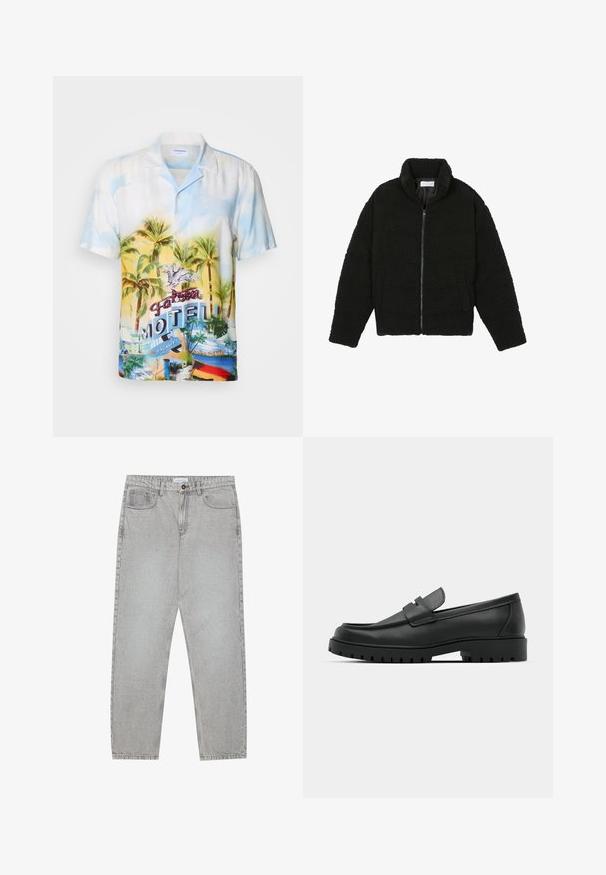 Juoda, pūkuota striukė su užtrauktuku, pagaminta iš tekstūruotos fliso medžiagos. Turi aukštą apykaklę ir šonines kišenes. Stačiakampio formos kūnas su ilgomis rankovėmis.; Trumpas rankovėmis mygtukinis marškinys lengvo audinio, su tropiniu raštu, palmėmis, saulėlydžio spalvomis ir "Falcon Motel" grafika.; Šviesiai pilki džinsai su tiesiu kirpimu, penkiais kišenėmis ir mygtuko uždarymu. Matoma siuvimo linija palei siūles.; Juodi odiniai loaferiai su apvalia nosimi, su siuvinėtu dizainu, žemu platformos padu ir tekstūruotu, sukibimo raštu padu.
