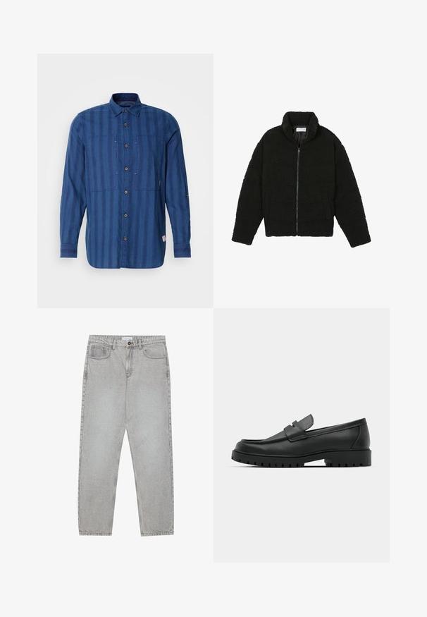 Zwarte, pluizige jas met ritssluiting gemaakt van gestructureerde fleece stof. Heeft een hoge kraag en zijzakken. Rechthoekige lichaamsvorm met lange mouwen.; Blauw gestreepte overhemd met lange mouwen van zachte stof, met knoopsluiting aan de voorkant, twee borstzakken en een klassieke kraag.; Lichtgrijze denimbroek met een recht model, vijfzakkenstijl en een knoopsluiting. Zichtbare stiksels langs de naden.; Zwarte leren instappers met een ronde neus, voorzien van een gestikt ontwerp, een lage platformzool en een gestructureerde, grof rubberen buitenzool.