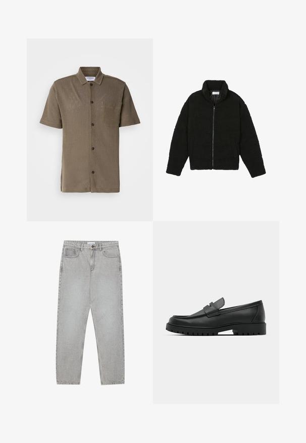 Melnā, pūkaina pārvelkama jaka no teksturēta flīsa auduma. Aprīkota ar augstu apkakli un sānu kabatām. Taisnstūra formas ķermenis ar garām piedurknēm.; Īsām piedurknēm, olīvzaļā krāsā, no sieta auduma izgatavota krekla ar pogu aizdari priekšpusē, krūšu kabatu un brīvu piegriezumu.; Gai pelēko džinsu bikses ar taisnajām kājām, piecu kabatu stilu un pogu aizdari. Redzama šuvju apstrāde gar šuvēm.; Melnas ādas loafers ar noapaļotu purngalu, ar izšūtu dizainu, zemu platformas zoli un teksturētu, rievotu gumijas ārējo zoli.