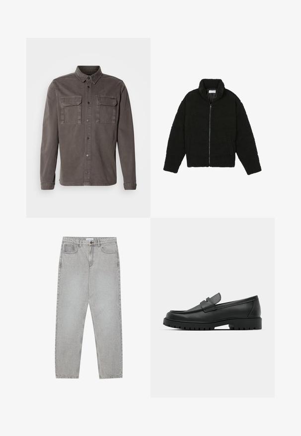 Jachetă neagră, pufoasă, cu fermoar, fabricată din material fleece texturat. Are un guler înalt și buzunare laterale. Formă dreptunghiulară a corpului cu mâneci lungi.; Jachetă gri dintr-un amestec de bumbac, cu două buzunare la piept, închidere cu nasturi și guler în vârf; are mâneci lungi și un tiv drept.; Pantaloni din denim gri deschis cu un design cu picioare drepte, stil cu cinci buzunare și închidere cu nasture. Cusături vizibile de-a lungul cusăturilor.; Mocasini din piele neagră cu vârful rotunjit, având un design cusut, talpă joasă și o talpă din cauciuc texturat, cu crampoane.